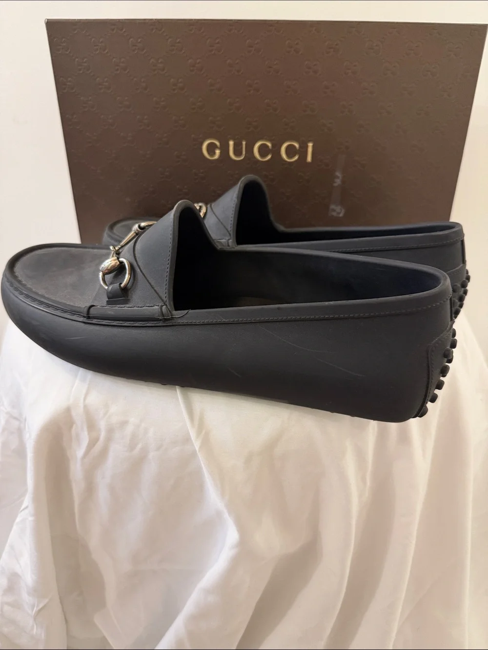 Gucci Black Leather Horsebit Slip-On Loafers. Waterproof! Rubber! Very unique!
